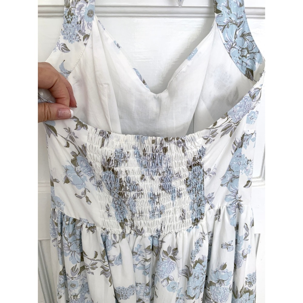 Floral Halter Sun Dress XS Coquette Blue White Sweetheart V-Waist Cottagecore - Picture 11 of 16